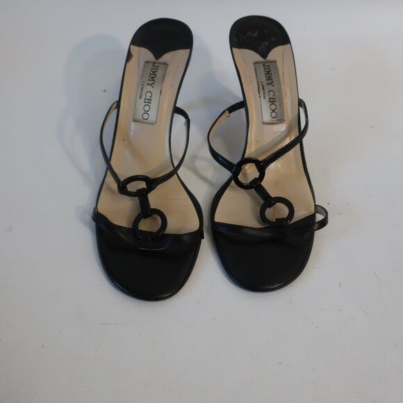 Womens Jimmy Choo Black Leather Strappy Slip-On Heels 37.5 US/7.5 - Picture 2 of 12